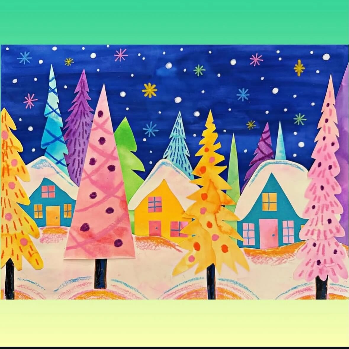 Winter art by Jessica Hamilton (@mrs._hamiltons_art_class) - student winter artwork and seasonal projects